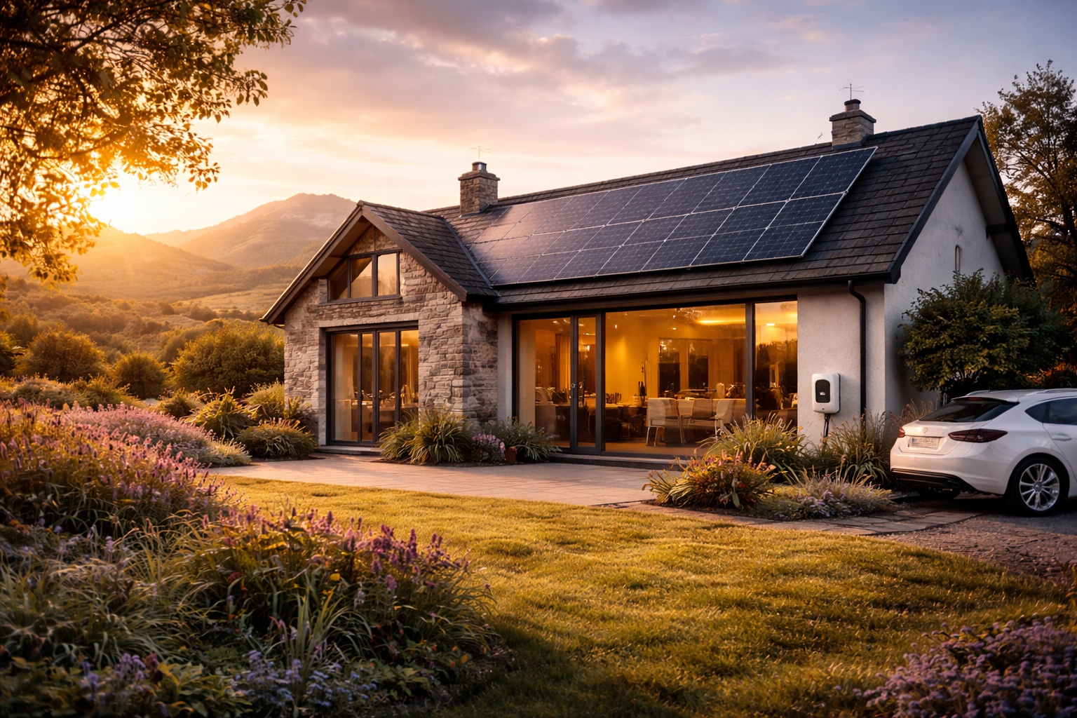 Scottish home with solar panels, EV charging, and battery storage showcasing renewable energy efficiency